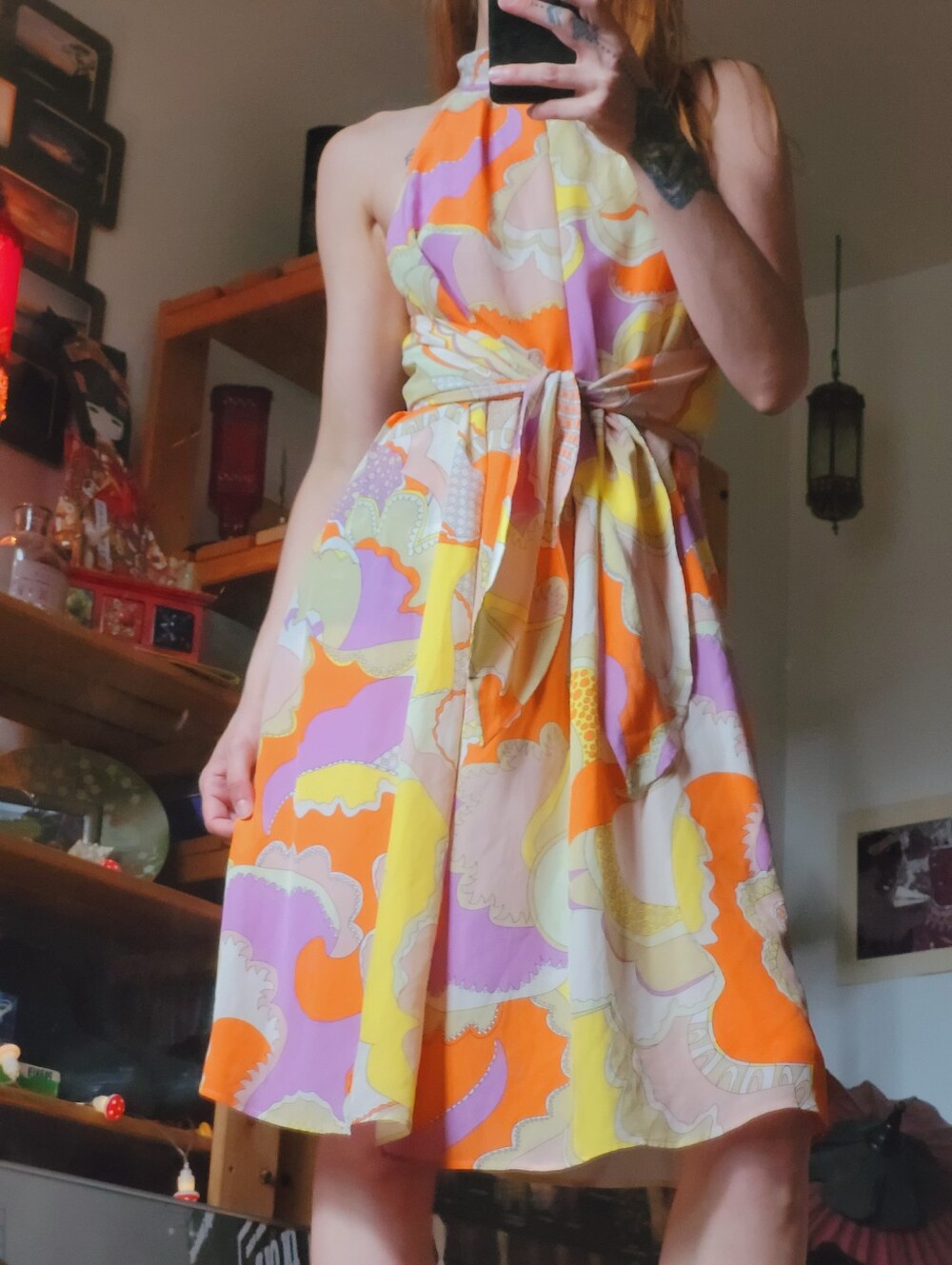 Tara Jarmon 70s Style Print 100% Silk Orange Purple Patterned Midi Dress - Size2